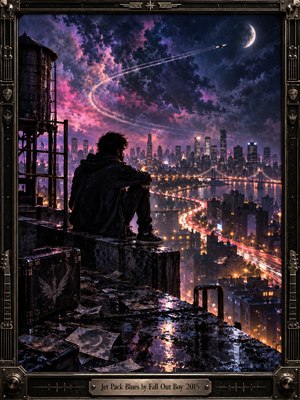 A solitary figure sits on a rain-soaked rooftop overlooking a luminous city. Violet and indigo clouds swirl beneath a crescent moon as an airplane traces a sweeping arc overhead. Glowing highways wind between skyscrapers, reflecting amber light through mist. Cinematic digital painting and an ornate metallic frame evoke melancholy, longing, and escape.