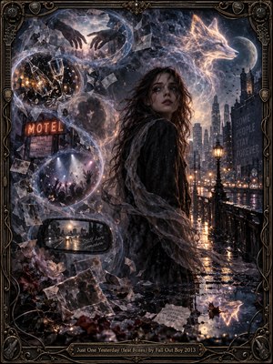 A windswept woman looks back across a rain-soaked city, surrounded by swirling bubbles of fractured memories. Ghostly hands, concert lights, shattered glass, and a luminous fox drift through midnight blue mist. Amber streetlamps shimmer on wet pavement, while an ornate metallic guitar-inspired frame encloses the melancholic, cinematic digital painting.