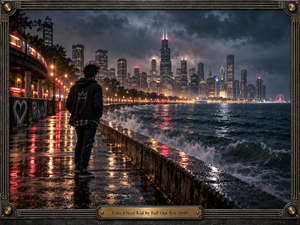 A solitary young figure overlooks Chicagos stormy skyline from a rain-soaked lakefront promenade. Choppy waves crash against the seawall as amber streetlights and crimson reflections illuminate wet pavement. Cinematic blue-gray shadows, glowing skyscrapers, and turbulent clouds evoke restless nostalgia. An ornate metallic frame surrounds the scene, featuring an engraved brass title plate.