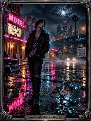 A solitary young man stands outside a rain-soaked motel, his ghostly reflections fading into darkness. Neon magenta and cyan illuminate wet pavement beneath a moonlit skyline. Broken mirrors, scattered roses, and distant headlights evoke emotional numbness and isolation. Cinematic digital artistry and an industrial metal frame complete the haunting composition.