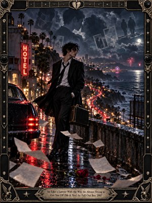 A weary young man in a loosened tie stands on a rain-soaked coastal overlook, holding a briefcase as papers swirl around a fallen rose. Red hotel neon and winding traffic lights illuminate the midnight-blue shoreline, while ghostly lovers linger in storm clouds. Ornate metallic framing completes this cinematic, bittersweet digital painting.