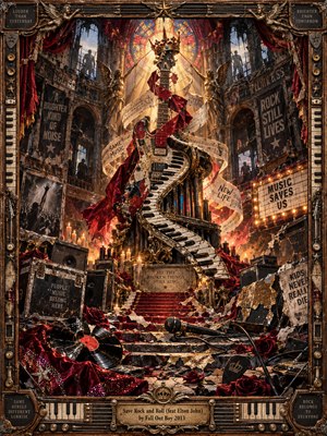 A towering guitar and spiraling piano rise inside a ruined cathedral, illuminated by golden stained glass and theatrical firelight. Torn posters, red velvet, roses, candles, and scattered records surround the dramatic monument. Rich crimson, bronze, and amber tones enhance this intricate mixed-media collage, framed with ornate musical details.