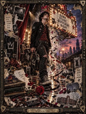 A defiant young punk rocker strides through a chaotic backstage scene beneath glowing theater lights and a purple city skyline. Torn posters, scattered roses, cassette ribbons, and school memories evoke youthful uncertainty and resilience. Warm amber highlights illuminate distressed collage textures, framed by dark metalwork and guitar strings.