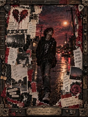 A disheveled young wanderer walks a rain-soaked suburban street beneath a crimson twilight sky. Torn posters, handwritten confessions, broken hearts, and faded photographs surround the gritty mixed-media composition. Amber streetlights shimmer across wet pavement, while a weathered metal-and-wood frame with guitar hardware evokes restless, bittersweet teenage heartbreak.