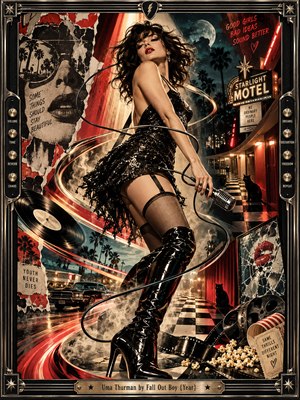 A glamorous dancer in a glittering black dress and thigh-high boots twists through a neon-lit motel dreamscape, clutching a vintage microphone. Swirling light ribbons, vinyl records, palm trees, and film reels animate the smoky scene. Crimson, gold, and teal highlights illuminate this rebellious retro-noir collage within a metallic frame.