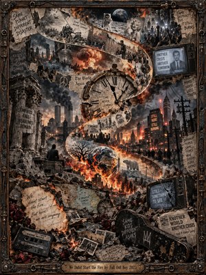 A scorched collage of history spirals through a smoky city, threading a shattered clock, protest crowds, burning forests, televisions, and a fractured Earth into one restless scene. Sepia photographs and torn headlines mingle with charcoal ruins and fierce orange flames. An ornate industrial frame and engraved brass plate complete the apocalyptic composition.