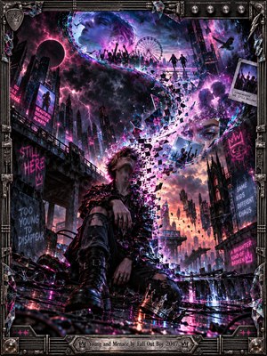 A solitary young rebel sits in a shattered, rain-slick city as glowing fragments spiral upward into ghostly faces and fleeting memories. Electric pink, violet, and blue illuminate storm clouds, dark towers, and an eclipsed moon. Surreal digital glitch effects and an intricate metallic frame amplify the restless, defiant atmosphere.