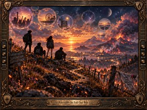 Four young friends overlook a glowing volcanic valley beneath a spectacular sunset. Fiery orange clouds, violet mountains, winding illuminated roads, and floating memory bubbles create an atmosphere of youthful rebellion and hope. Detailed cinematic digital painting combines dramatic golden light, drifting embers, and an ornate bronze guitar-inspired frame.