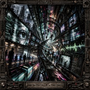 A lone figure moves through a chaotic cyberpunk city warped into a spiraling vortex of screens, speakers, cables, and fractured light. Cold teal, neon magenta, and metallic black create a hypnotic industrial mood, while distorted architecture and streaming signals suggest sensory overload, alienation, and relentless electronic momentum.