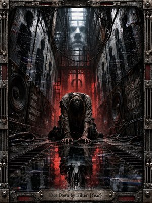 A lone figure kneels face down on a rain-slick industrial floor, surrounded by scarred metal walls, hanging cables, speaker-like vents, and ghostly shadow forms. Harsh white light falls from above while deep red glow burns behind, creating claustrophobic pressure, defeat, and rage. A riveted metal frame completes the gritty, glitch-textured digital artwork.