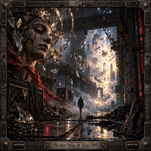 A lone figure crosses a rain-slick industrial ruin beneath a colossal cracked face, suspended glass shards, broken halos, and tangled machinery. Cold steel blues, rusty blacks, and flashes of red frame a radiant golden portal ahead. Dramatic backlighting, reflections, drifting haze, and surreal digital detail create a haunted, yearning atmosphere.