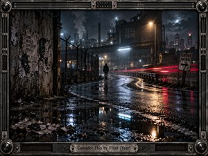 A solitary figure walks through a rain-soaked industrial district beneath smoky skies and distant city lights. Wet pavement mirrors cold blue, silver, amber, and crimson tones while red traffic streaks cut through the darkness. Chain-link fencing, weathered concrete, torn posters, and heavy metal framing create a tense cinematic atmosphere.