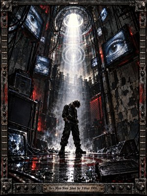A lone figure stands beneath a harsh white spotlight in a towering industrial chamber filled with surveillance screens, shattered glass, cables, amplifiers, and drifting smoke. Cold steel blues and blacks collide with warning-red light, creating a tense, oppressive atmosphere. The detailed digital composition feels cinematic, fractured, and psychologically charged.
