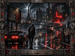A lone figure stands beside a black muscle car on a rain-soaked industrial roadway winding toward a glowing red factory complex. Storm clouds, smoke, warning lights, distorted signs, and steel structures create a defiant, ominous mood. Gunmetal grays, rust, black, and crimson reflections dominate the cinematic digital composition.