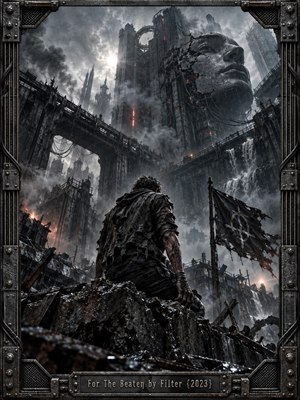 A lone battered figure faces a colossal ruined city under storm-dark skies, surrounded by twisted metal, shattered towers, waterfalls, smoke, and distant fire. Cold gray tones dominate, pierced by faint red industrial lights and harsh white daylight. The cinematic digital artwork conveys defiance, exhaustion, isolation, and survival amid overwhelming destruction.