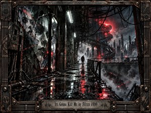 A lone figure crosses a rain-soaked industrial ruin beneath a blood-red eclipse, surrounded by tangled cables, shattered reflective faces, and towering machinery. Black steel, wet concrete, white fluorescent light, and crimson reflections create a claustrophobic, threatening mood. The highly detailed digital artwork blends dystopian realism with psychological fragmentation.