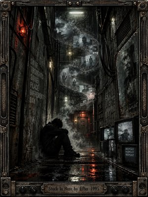 A lone figure sits hunched in a narrow industrial corridor, surrounded by rusted walls, cables, flickering televisions, and ghostly layered memories. Cold gray tones dominate, pierced by red warning lights and wet reflections. The dark cinematic digital style creates claustrophobic tension, while the mechanical frame reinforces isolation, repetition, and psychological confinement.