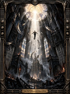 A lone figure rises through a ruined industrial cathedral toward a radiant opening in the clouds. Dark steel, shattered architecture, amplifiers, drifting feathers, smoke, and scattered fire create a tense yet transcendent mood. Dramatic white-gold light cuts through charcoal shadows, while the ornate metallic frame reinforces the gothic, cinematic digital style.