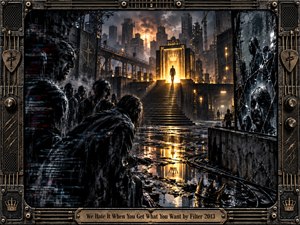 A rain-soaked industrial city surrounds a glowing golden doorway where a lone figure stands above a shadowed crowd. Dark steel, cracked glass, cables, and distorted faces create a hostile, envious atmosphere. Amber reflections cut through charcoal tones, while the ornate mechanical frame reinforces the artworks tense, dystopian industrial style.