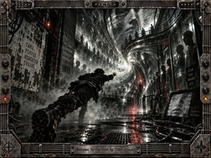 A lone figure reaches toward a blinding industrial vortex inside a decaying steel complex, surrounded by silent faceless crowds on elevated walkways. Cold grays, black metal, smoke, wet reflections, and scattered red lights create oppressive tension. Cinematic digital surrealism, distorted architecture, cables, monitors, and a rugged mechanical frame intensify the dystopian atmosphere.