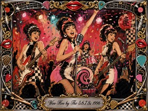 A vibrant retro garage-rock band explodes across a small club stage, driven by joyful vocals, electric guitars, drums, and dancing silhouettes. Hot reds, pinks, black, cream, turquoise, chrome, and gold glow beneath colorful spotlights. Bold acrylic poster styling, confetti, checkerboard accents, vinyl records, red lips, and ornate musical framing amplify the playful energy.