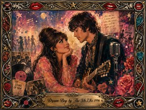 A dreamy retro romance unfolds between a stylish young woman and a dark-haired guitarist in a glowing garage-rock collage. Warm reds, pinks, golds, teal, and twilight blues create a nostalgic mood. Painterly oil, acrylic, and watercolor textures blend with vinyl records, roses, music notes, microphones, and an ornate musical frame.