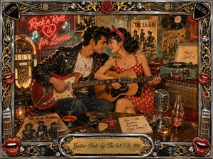 A flirtatious rock-and-roll couple shares an intimate guitar duet in a nostalgic, poster-covered music room. Warm amber lighting glows across red, gold, black, and turquoise tones, while a jukebox, records, microphone, amplifier, and scattered picks enrich the scene. Painterly textures, chrome trim, roses, and smiling red lips create playful vintage energy.