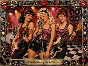 Three stylish rockabilly women command a lively retro club stage, smiling with electric guitar, microphone, and bass. Warm red, pink, gold, cream, and black tones glow beneath theatrical lights. Expressive acrylic-style brushwork adds energetic texture, while vinyl records, checkerboard flooring, and an ornate chrome-and-gold musical frame complete the playful vintage atmosphere.