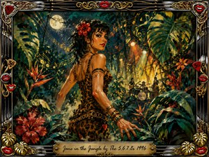 A sultry jungle dancer in leopard print turns beneath moonlight, framed by lush tropical leaves, scarlet flowers, and distant stage lights. Golden music notes sweep through deep teal foliage toward a shadowy rock band. Energetic brushwork, warm amber highlights, red accents, and ornate chrome-gold musical framing create a wild, seductive vintage poster mood.