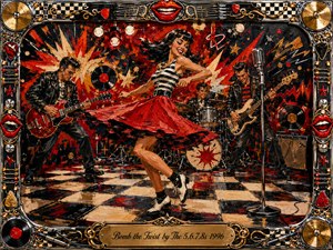 A vibrant retro rock-and-roll dance scene bursts with rebellious energy as a red-skirted woman twists before a driving band. Bold reds, blacks, cream, and metallic gold dominate the checkerboard stage, illuminated by theatrical spotlights. Thick expressive paint textures, vinyl records, guitars, microphones, lips, and ornate chrome framing create a lively vintage spectacle.