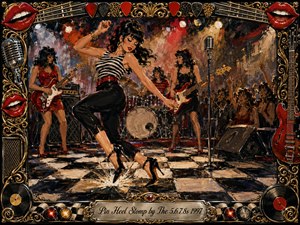 A glamorous pin-heel dancer stomps across a checkerboard club floor before a fierce female rock band, radiating playful swagger and kinetic energy. Rich reds, blacks, creams, and golds glow beneath smoky stage lights. Thick painterly textures, cheering silhouettes, guitars, drums, microphones, vinyl records, red lips, and ornate metallic framing amplify the retro rockabilly atmosphere.