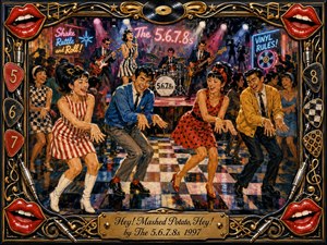 A jubilant retro dance club bursts with mashed-potato dancers twisting across a reflective checkerboard floor while a lively band performs beneath neon lights. Bright reds, blues, golds, and blacks create playful rock-and-roll energy. Painterly acrylic textures, glowing stage lighting, smiling faces, and an ornate music-themed frame complete the nostalgic scene.