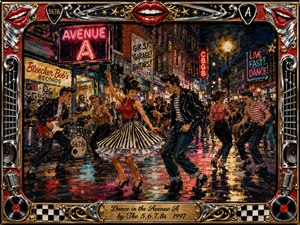 A vibrant nighttime street dance erupts beneath glowing Avenue A neon, with stylish rock-and-roll couples twisting beside a lively garage band. Wet pavement reflects hot reds, pinks, golds, and electric blues. Expressive painterly textures, vintage storefronts, guitars, records, chrome ornamentation, and a theatrical frame create exuberant retro energy.