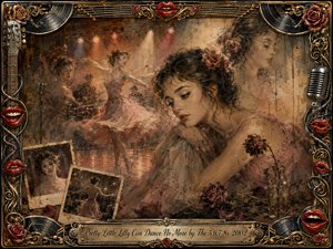 A wistful young dancer rests amid fading memories of a lively vintage dance hall, surrounded by ghostly performances, Polaroids, wilted roses, microphones, records, and ornate musical details. Warm sepia, dusty pink, bronze, and black tones glow beneath soft stage lights, blending romantic oil-paint textures with aged collage effects and melancholic nostalgia.