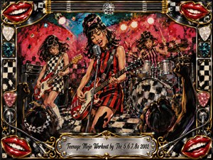 A vibrant all-girl garage-rock trio performs on a crowded checkerboard stage, bursting with youthful energy and rebellious charm. Bold reds, pinks, blacks, chrome, and teal glow beneath bright club lights. Thick acrylic-style brushwork adds motion, while guitars, drums, smiling red lips, picks, strings, and ornate metallic framing amplify the retro excitement.