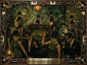 A smoky midnight club pulses with retro energy as a stylish band performs above elegantly dressed dancers. Deep olive greens, black, amber, and burnished gold dominate the richly textured oil-paint composition. Warm lamps and swirling record-like forms create rhythmic motion, while an ornate music-themed frame and engraved title plate complete the vintage atmosphere.