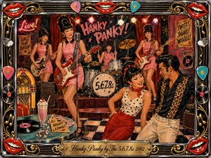 A vibrant retro rock-and-roll club scene shows an all-female band performing while a playful couple dances in the foreground. Warm stage lights illuminate saturated reds, pinks, turquoise, cream, and chrome. Bold acrylic brushwork, checkerboard flooring, vinyl records, jukebox details, guitars, and an ornate musical frame create a lively, flirtatious atmosphere.