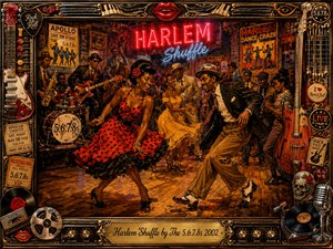 A lively vintage dance hall bursts with Harlem swing energy as a smiling couple shuffles across a glowing wooden floor before a spirited band and cheering crowd. Rich reds, golds, browns, and neon highlights create warmth and motion, framed by guitars, records, microphones, memorabilia, and ornate rock-and-roll details.