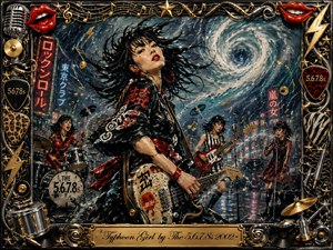 A fierce rock guitarist commands a rain-lashed Tokyo street as her band performs beneath a swirling typhoon sky. Electric blues, black, red, chrome, and gold create a dramatic palette, illuminated by neon signs and stormy highlights. Thick expressive paint textures, flying records, instruments, and an ornate music-themed frame amplify the rebellious energy.