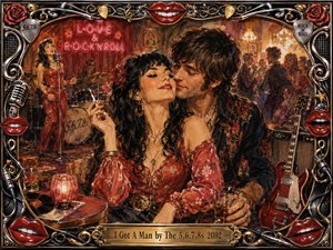 A glamorous couple shares a flirtatious embrace inside a lively retro rock-and-roll club, surrounded by musicians, dancers, guitars, and glowing neon. Warm reds, golds, and smoky browns create an intimate mood. Painterly oil, acrylic, and watercolor textures blend with chrome, roses, red lips, and ornate musical details.