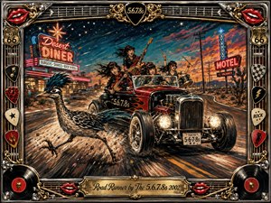 A roaring vintage hot rod races beside a sprinting roadrunner along a neon-lit desert highway at dusk, carrying an exuberant all-female garage-rock band. Saturated reds, teal skies, chrome highlights, and dusty oranges create kinetic excitement. Bold acrylic-style brushwork, Route 66 motifs, guitars, vinyl records, and an ornate gold-chrome frame complete the retro spectacle.