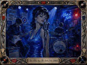 A sultry singer commands a smoky blue-lit garage club, framed by electric guitarists, drums, vintage microphones, and shadowy patrons. Deep cobalt and midnight tones contrast with red neon accents and warm metallic highlights. Expressive oil-paint textures create a moody retro atmosphere, surrounded by ornate chrome, vinyl records, strings, and bright red lips.