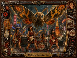 A giant moth with glowing blue eyes and boldly patterned wings hovers over a neon-lit Tokyo streetscape while a fierce four-piece band performs beneath it in matching tiger-striped dresses. Warm oranges, reds, and golds pulse through smoky stage light, and an ornate memorabilia-packed frame gives the whole painted scene a nostalgic, electrified rock-and-roll grandeur.