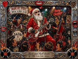 Santa commands a lively retro rock-and-roll Christmas stage, singing into a vintage microphone while playing a red electric guitar beside energetic bandmates and cheering dancers. Saturated reds, chrome, gold, black, and festive neon glow beneath colorful spotlights. Thick expressive paint textures, confetti, vinyl records, flames, and ornate musical framing create joyful holiday swagger.