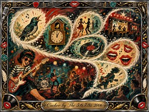 A vibrant retro rock collage swirls through feathered S-curves, linking a calling cuckoo bird, vintage clock, dancers, spinning record, smiling red lips, and an energetic garage band. Rich teal, cherry red, cream, black, and gold glow under theatrical lighting, framed by ornate chrome, musical motifs, and a polished engraved title plate.