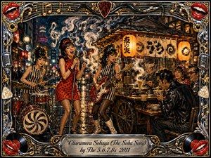 A lively retro Japanese street glows around a steaming soba cart as three stylish women perform energetic garage rock beside diners enjoying noodles. Warm lantern gold, deep blue night tones, vivid reds, and chrome highlights reflect across wet pavement. Painterly textures, swirling musical steam, and an ornate rock-and-roll frame create playful nostalgic excitement.