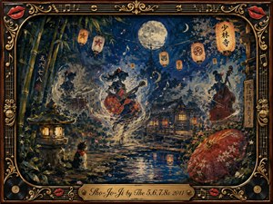 A moonlit Japanese garden glows beneath lanterns as spirited musicians swirl through a dreamlike nighttime performance. Deep blues, warm amber, crimson, and gold create a playful, nostalgic mood. Expressive painterly textures, bamboo, blossoms, reflective water, instruments, and a richly ornamented musical frame give the scene theatrical energy and vintage charm.