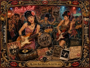 A vibrant retro rockabilly club erupts with energy as three stylish musicians perform amid dancing crowds, vintage amplifiers, records, posters, and memorabilia. Warm reds, golds, blacks, and amber lighting create a smoky nostalgic glow. Ornate musical framing, expressive figures, checkered flooring, and painterly textures evoke a lively mid-century concert poster.