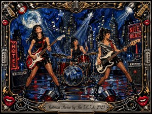 Three fierce rock musicians perform beneath a luminous full moon against a midnight-blue city skyline, surrounded by bats, neon signs, spotlights, and amplifiers. Bold red, black, silver, and gold accents create a playful noir mood. Thick painterly textures, reflective stage colors, ornate music-themed framing, and an engraved title plate complete the energetic composition.