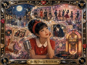 A dreamy young woman in a red 1960s dress rests beside a vintage microphone, surrounded by moonlit streets, dancing silhouettes, guitars, vinyl records, a jukebox, and romantic memory scenes. Warm reds, golds, pinks, and deep blues glow through painterly textures, framed by ornate chrome, gold, records, strings, stars, and smiling lips.